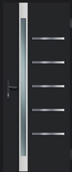 Entry door design variation with vertical glass insert and horizontal accents