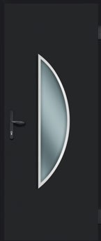 Entry door design variation with offset glass and metal accents
